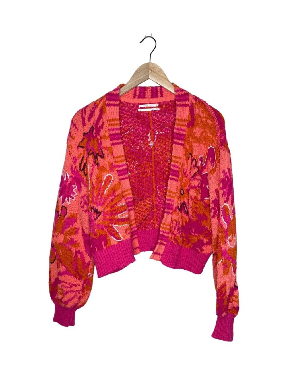 Anthropologie Boho Pink Orange Textured Chunky Knit Cardigan Sweater Small